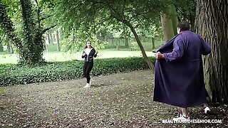 Creeper flashes young hot runner! She stop and fucks the elderly dude!